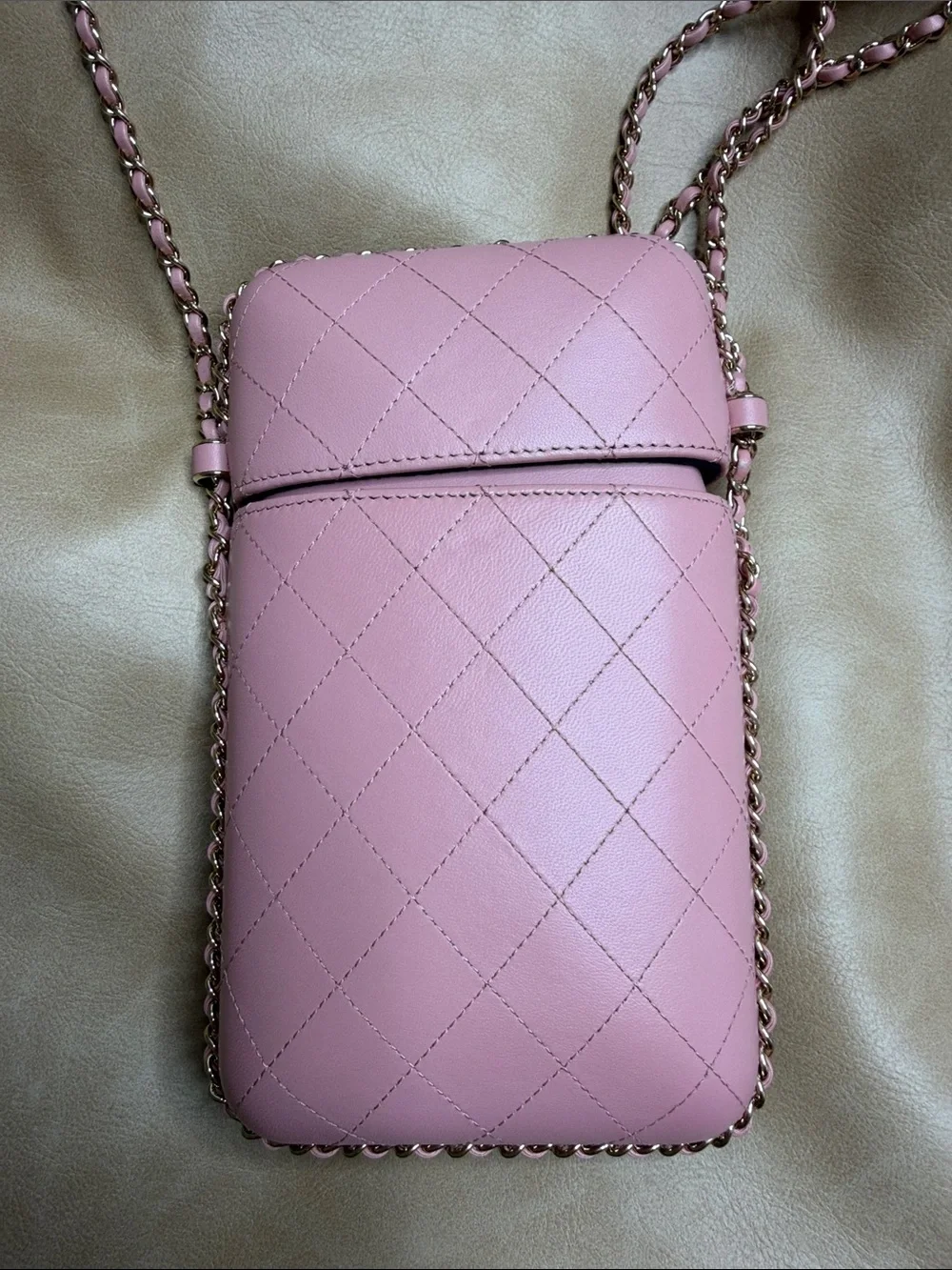 CHANEL Pink Quilted Crossbody Phone Pouch with Chain
